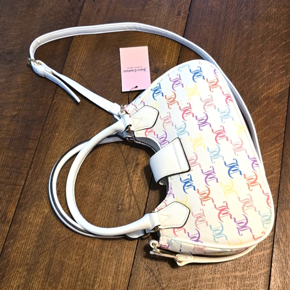 Juicy Couture RARE Matching White & Rainbow JC Monogram Handbag & Flip Flops NWT - Picture 3 of 8